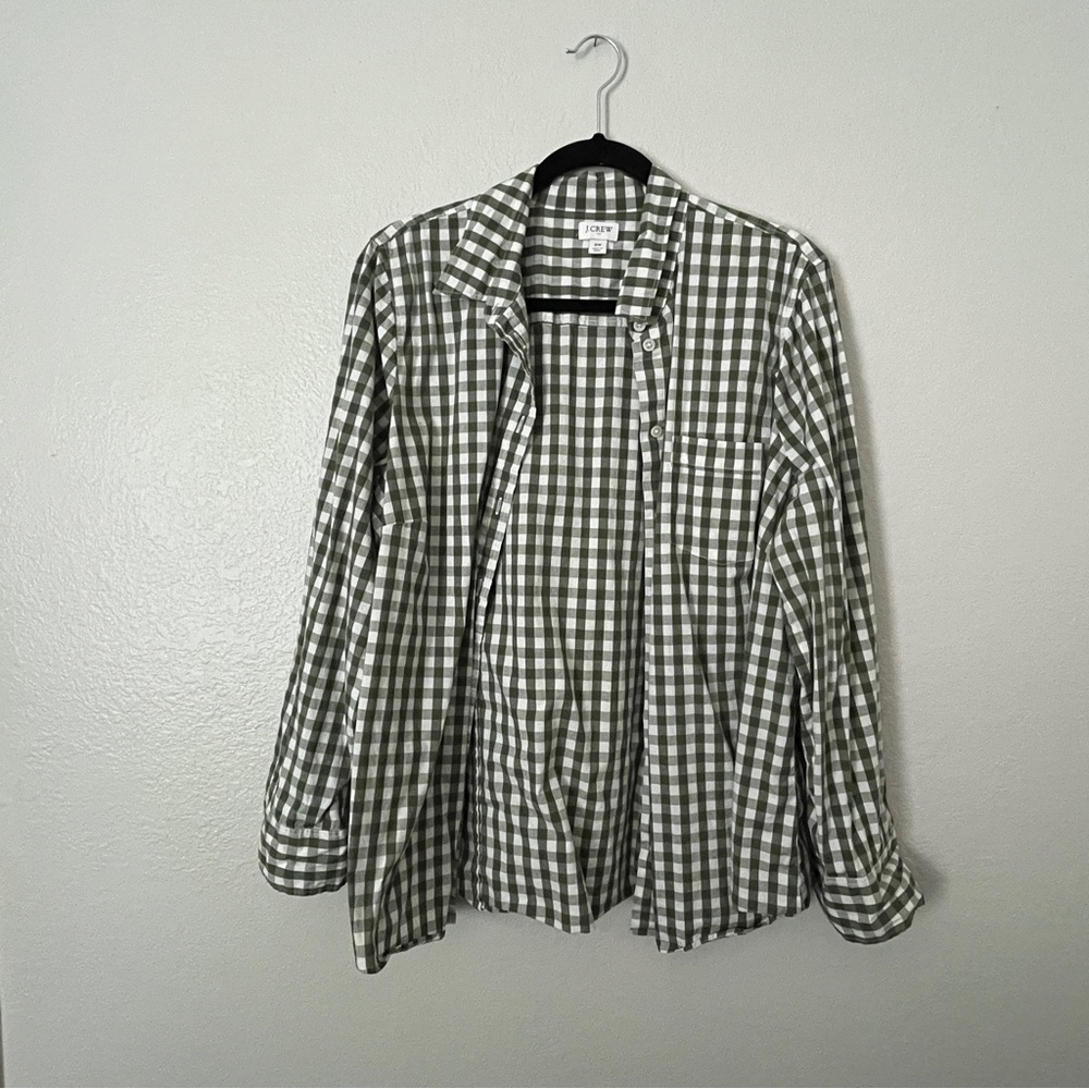 J Crew gingham button up olive green 2x